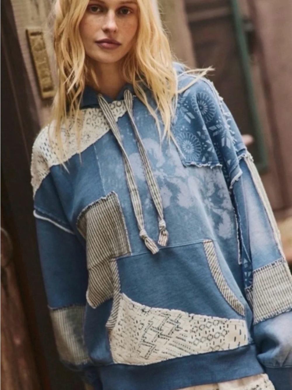 Free People Patchwork Blue Mixed-Fabric Hoodie